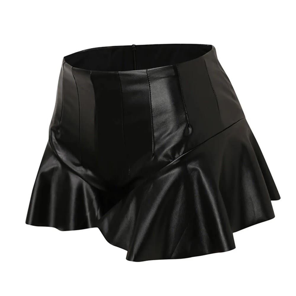 Stylish Faux Leather Ruffled Women's Mini Shorts - High-Waisted Nightclub Clubwear